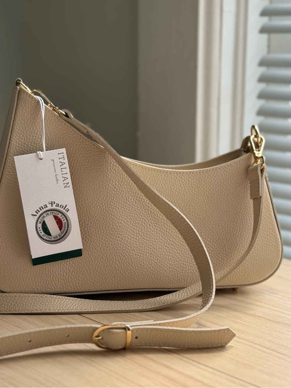Anna Paola Beige Pebbled Leather Shoulder Bag